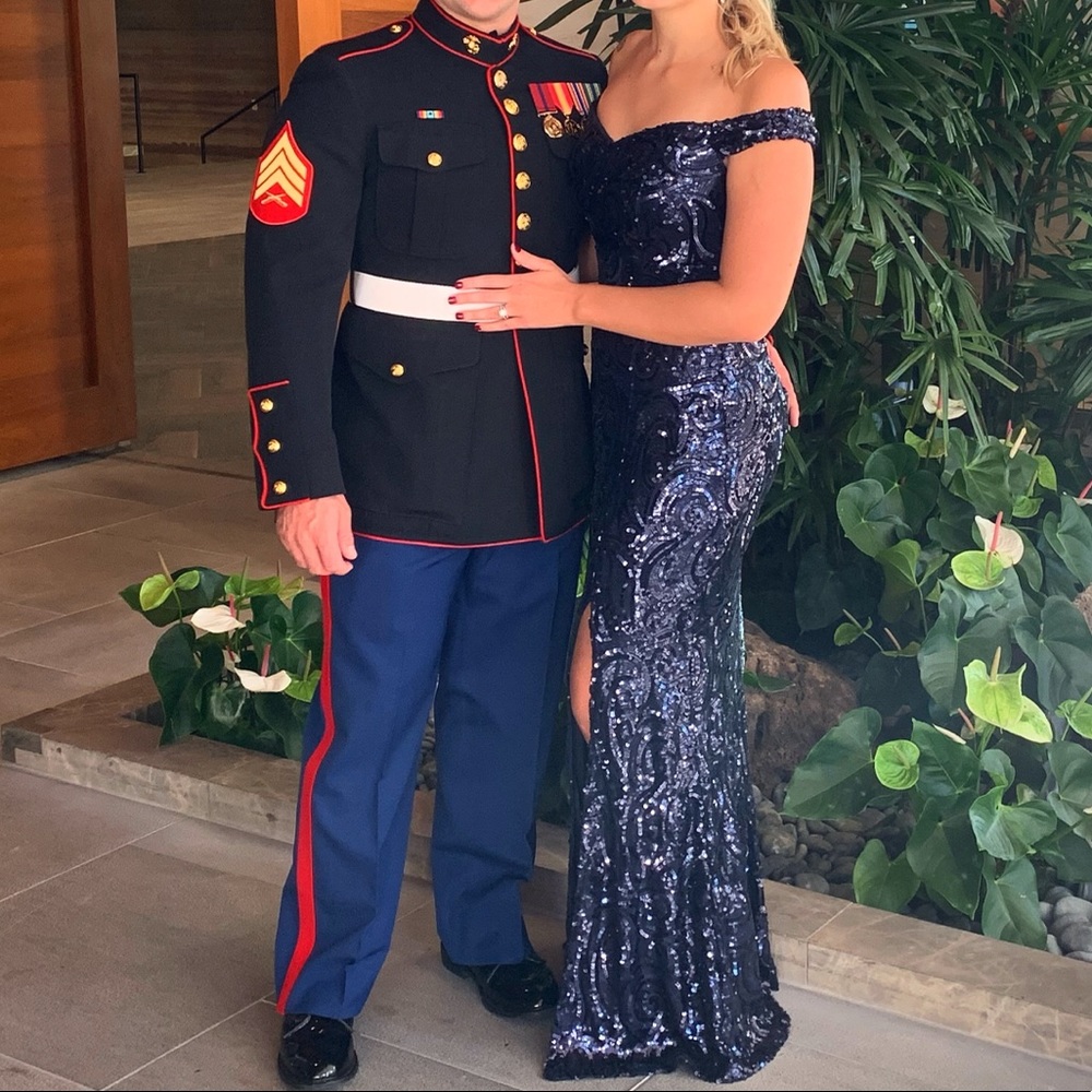 Navy Sequined Off-The-Shoulder Evening Dress